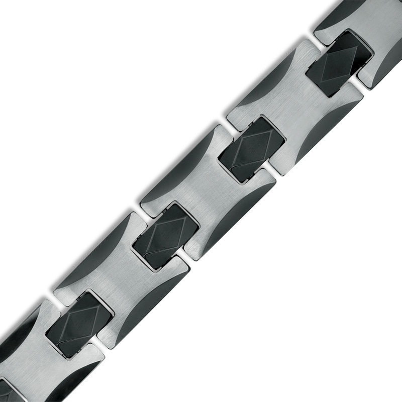 Main Image 1 of 10.5mm Multi-Finish Etched Diamond Link Chain Bracelet in Tungsten and Black IP - 8.5"