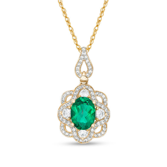 Oval Lab-Created Emerald and White Sapphire Ornate Frame Pendant in Sterling Silver with 14K Gold Plate