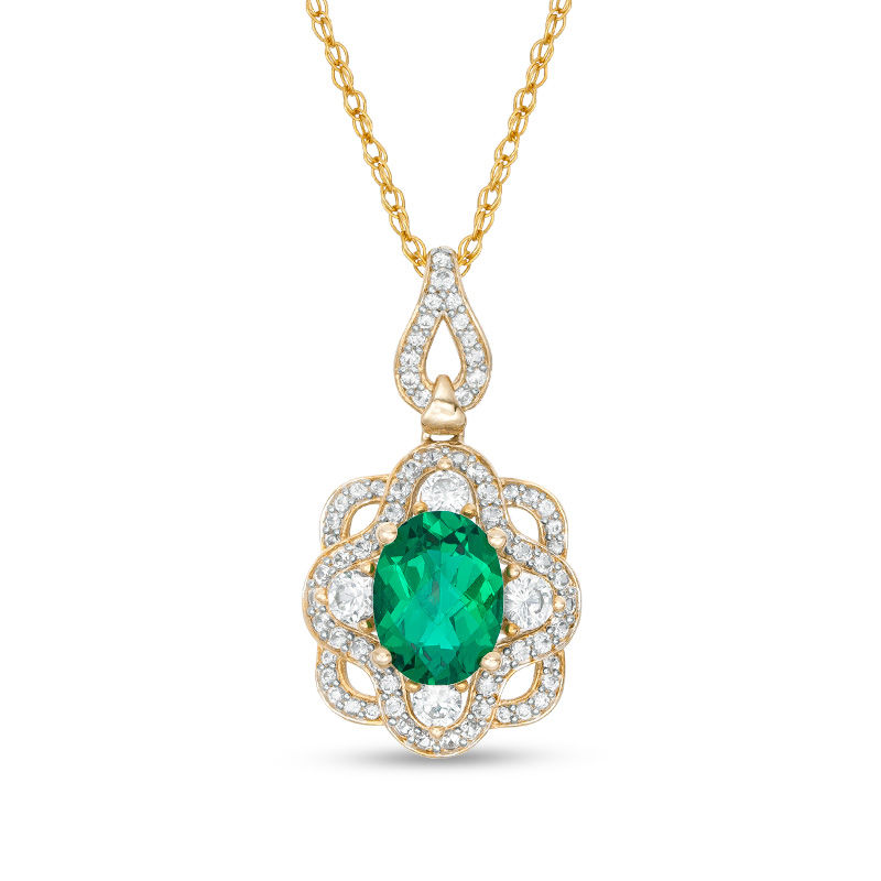 Main Image 1 of Oval Lab-Created Emerald and White Sapphire Ornate Frame Pendant in Sterling Silver with 14K Gold Plate