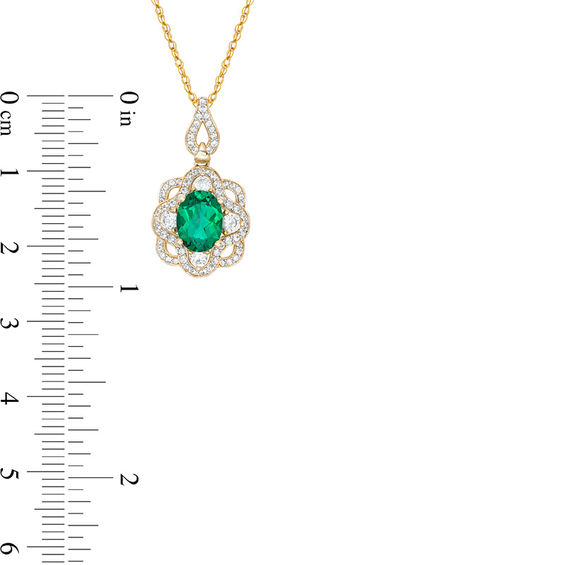 Oval Lab-Created Emerald and White Sapphire Ornate Frame Pendant in Sterling Silver with 14K Gold Plate