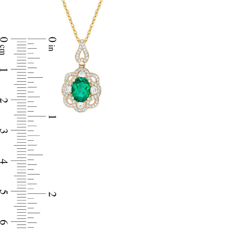 Main Image 2 of Oval Lab-Created Emerald and White Sapphire Ornate Frame Pendant in Sterling Silver with 14K Gold Plate