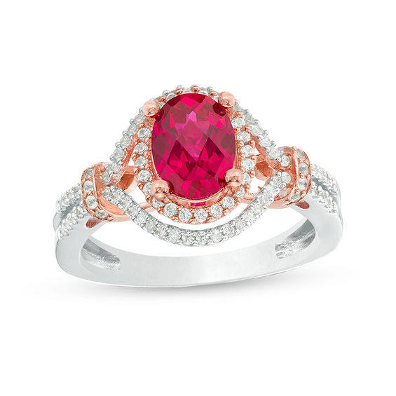 Oval Lab-Created Ruby and White Sapphire Double Frame Ring in Sterling Silver and 14K Rose Gold Plate