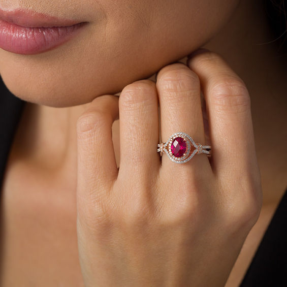 Oval Lab-Created Ruby and White Sapphire Double Frame Ring in Sterling Silver and 14K Rose Gold Plate