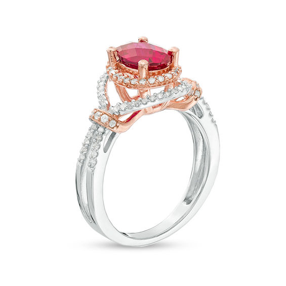 Oval Lab-Created Ruby and White Sapphire Double Frame Ring in Sterling Silver and 14K Rose Gold Plate