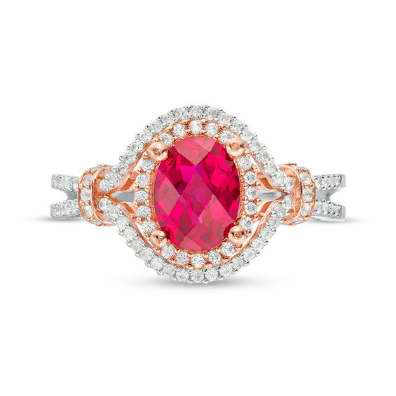 Oval Lab-Created Ruby and White Sapphire Double Frame Ring in Sterling Silver and 14K Rose Gold Plate