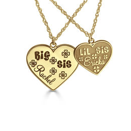 Sister's Engravable and Embossed &quot;Big Sis, Lil Sis&quot; Hearts and Clovers Pendants Set (2 Names)
