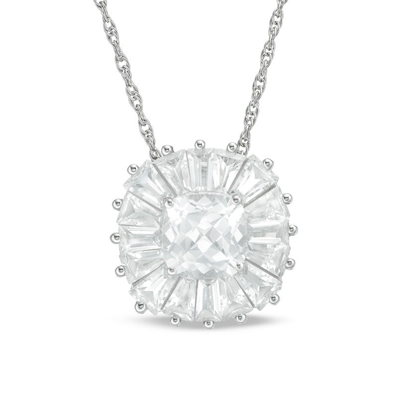 Main Image 1 of 6.0mm Cushion-Cut Lab-Created White Sapphire Sunburst Frame Pendant in Sterling Silver