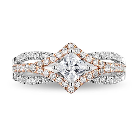 Enchanted Disney Aurora 1 CT. T.w. Princess-Cut Diamond Tilted Bypass Frame Engagement Ring in 14K Two-Tone Gold