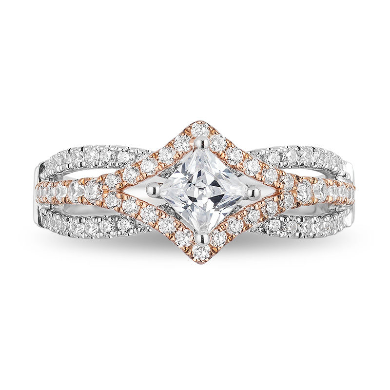 Main Image 4 of Enchanted Disney Aurora 1 CT. T.W. Princess-Cut Diamond Tilted Bypass Frame Engagement Ring in 14K Two-Tone Gold