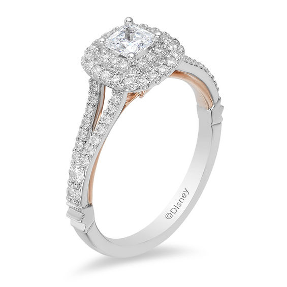 Enchanted Disney Belle 3/4 CT. T.w. Princess-Cut Diamond Double Frame Rose Engagement Ring in 14K Two-Tone Gold