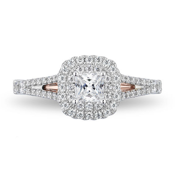 Enchanted Disney Belle 3/4 CT. T.w. Princess-Cut Diamond Double Frame Rose Engagement Ring in 14K Two-Tone Gold