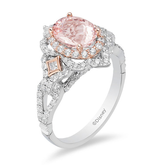 Enchanted Disney Aurora Oval Morganite and 3/4 CT. T.w. Diamond Scallop Frame Engagement Ring in 14K Two-Tone Gold