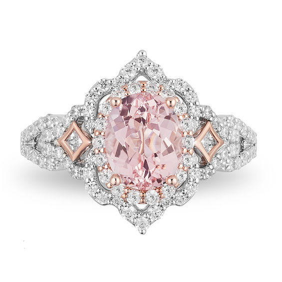 Enchanted Disney Aurora Oval Morganite and 3/4 CT. T.w. Diamond Scallop Frame Engagement Ring in 14K Two-Tone Gold