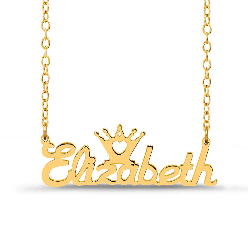 Script Name and Crown with Heart Cut-Out Necklace in Sterling Silver with 14K Gold Plate (1 Line)