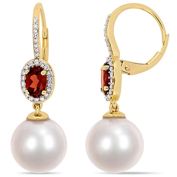 11.0 - 12.0mm Cultured Freshwater Pearl, Oval Garnet and 1/5 CT. T.W. Diamond Frame Drop Earrings in 10K Gold 11.0 - 12.0mm Cultured Freshwater Pearl, Oval Garnet and 1/5 CT. T.W. Diamond Frame Drop Earrings in 10K Gold