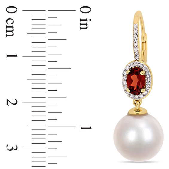 11.0 - 12.0mm Cultured Freshwater Pearl, Oval Garnet and 1/5 CT. T.W. Diamond Frame Drop Earrings in 10K Gold 11.0 - 12.0mm Cultured Freshwater Pearl, Oval Garnet and 1/5 CT. T.W. Diamond Frame Drop Earrings in 10K Gold