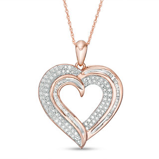 1/2 CT. T.W. Baguette and Round Diamond Heart Pendant in 10K Rose Gold