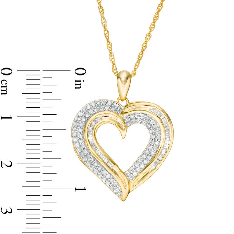 Main Image 3 of 1/2 CT. T.W. Baguette and Round Diamond Heart Pendant in 10K Gold
