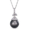 Thumbnail Image 0 of 10.0 - 11.0mm Oval Black Cultured Tahitian Pearl and 1/10 CT. T.W. Diamond Flower Top Pendant in 14K White Gold - 17"