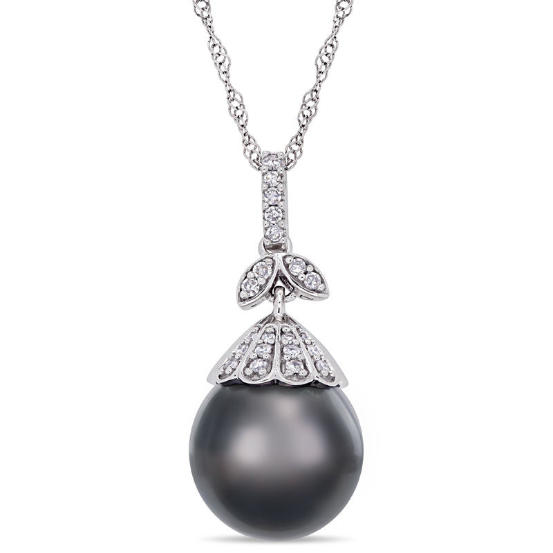 10.0 - 11.0mm Oval Black Cultured Tahitian Pearl and 1/10 CT. T.W. Diamond Flower Top Pendant in 14K White Gold - 17"