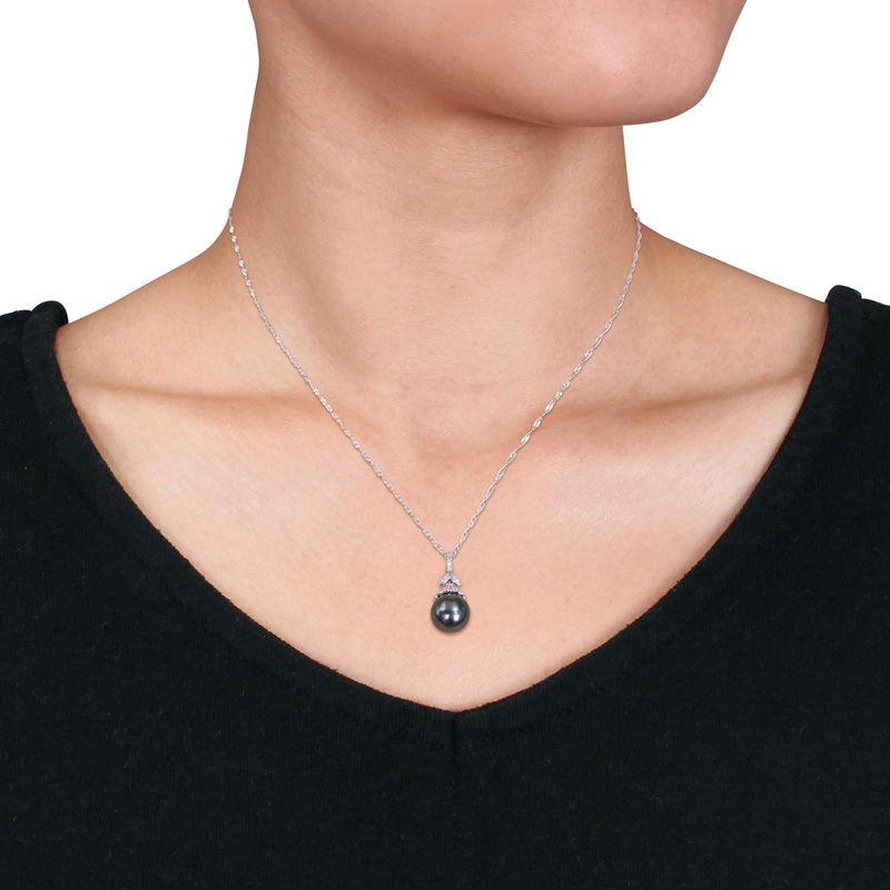 10.0 - 11.0mm Oval Black Cultured Tahitian Pearl and 1/10 CT. T.W. Diamond Flower Top Pendant in 14K White Gold - 17"