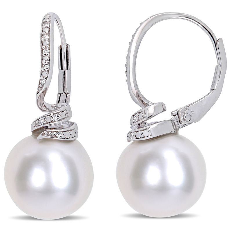 Main Image 1 of 11.0-12.0mm Freshwater Cultured Pearl and 0.048 CT. T.W. Diamond Swirl Drop Earrings in Sterling Silver