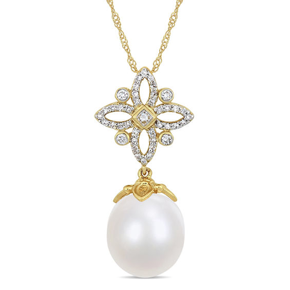 11.0 - 12.0mm Oval Cultu 11.0 - 12.0mm Oval Cultured South Sea Pearl and 1/4 CT. T.W. Diamond Ornate Flower Pendant in 14K Gold - 17"