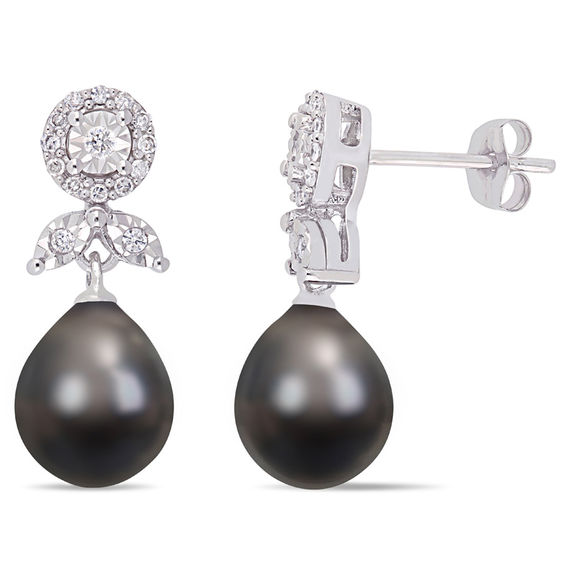 8.0 - 8.5mm Oval Black Cultured Tahitian Pearl and 1/5 CT. T.W. Diamond Flower Drop Earrings in 10K White Gold 8.0 - 8.5mm Oval Black Cultured Tahitian Pearl and 1/5 CT. T.W. Diamond Flower Drop Earrings in 10K White Gold