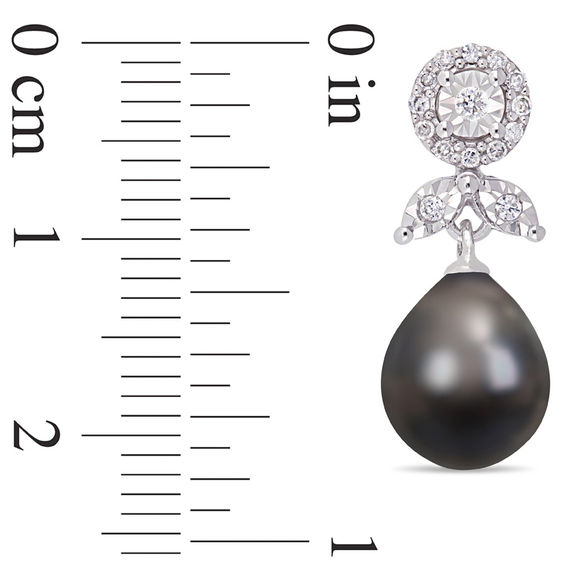 8.0 - 8.5mm Oval Black Cultured Tahitian Pearl and 1/5 CT. T.W. D 8.0 - 8.5mm Oval Black Cultured Tahitian Pearl and 1/5 CT. T.W. Diamond Flower Drop Earrings in 10K White Gold