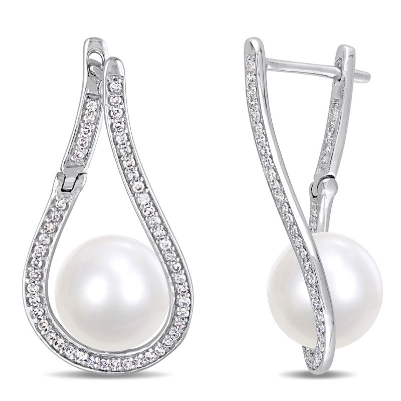 Main Image 1 of 9.0-9.5mm Freshwater Cultured Pearl and 1/3 CT. T.W. Diamond Flame Drop Earrings in 14K White Gold