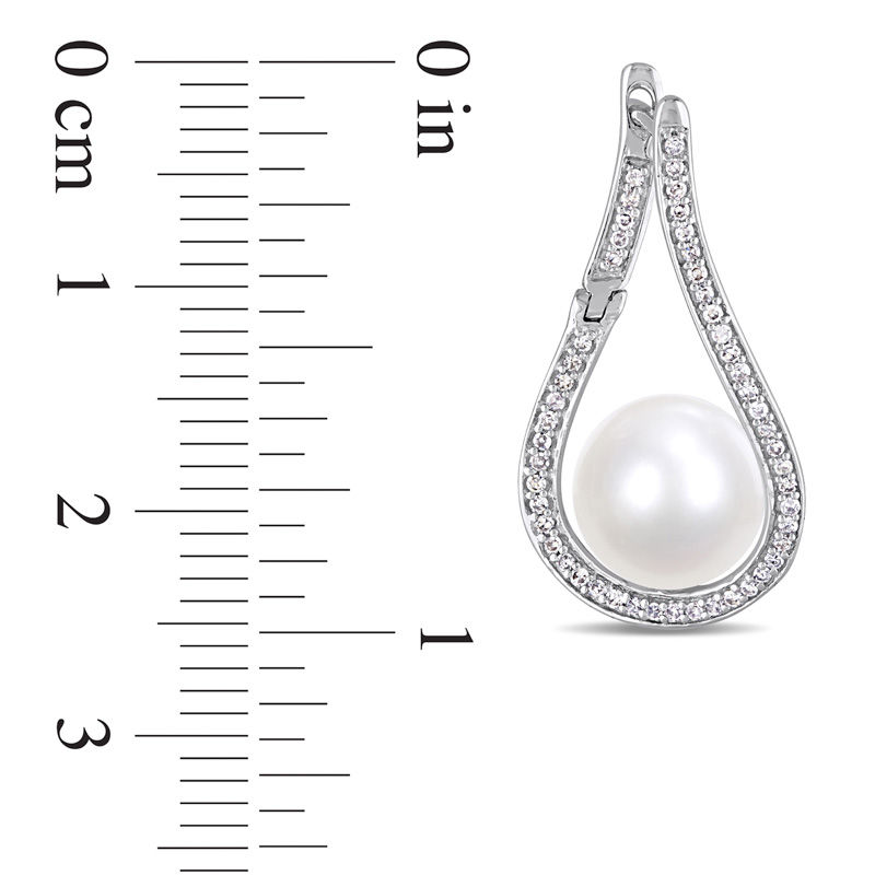 Main Image 3 of 9.0-9.5mm Freshwater Cultured Pearl and 1/3 CT. T.W. Diamond Flame Drop Earrings in 14K White Gold
