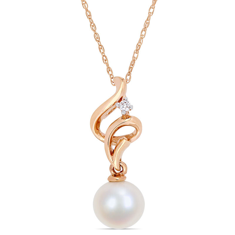 Main Image 1 of 7.0-7.5mm Freshwater Cultured Pearl and Diamond Accent Ribbon Pendant in 10K Rose Gold-17&quot;