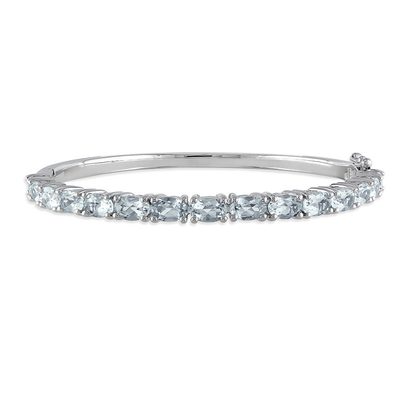 Main Image 1 of Sideways Oval Aquamarine Line Bangle in Sterling Silver