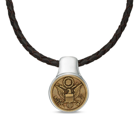 Men's Brown Braid Leather Cord with Oxidized Great Seal of the United States Pendant in Sterling Silver and Bronze - 22" Men's Brown Braid Leather Cord with Oxidized Great Seal of the United States Pendant in Sterling Silver and Bronze - 22"
