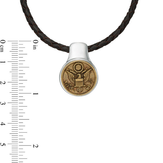 Men's Brown Braid Leather Cord with Oxidized Great Seal of the United States Pendant in Sterling Silver and Bronze - 22" Men's Brown Braid Leather Cord with Oxidized Great Seal of the United States Pendant in Sterling Silver and Bronze - 22"