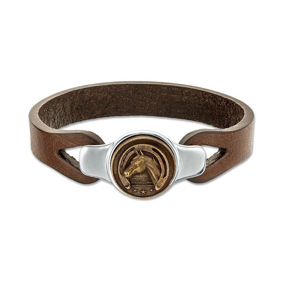 Men's Oxidized Horseshoe Frame Triple Star and Horse Brown Leather Bracelet in Sterling Silver and Bronze - 9" Men's Oxidized Horseshoe Frame Triple Star and Horse Brown Leather Bracelet in Sterling Silver and Bronze - 9"