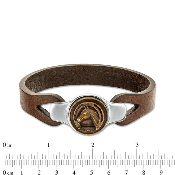 Men's Oxidized Horseshoe Frame Triple Star and Horse Brown Leather Bracelet in Sterling Silver and Bronze - 9" Men's Oxidized Horseshoe Frame Triple Star and Horse Brown Leather Bracelet in Sterling Silver and Bronze - 9"