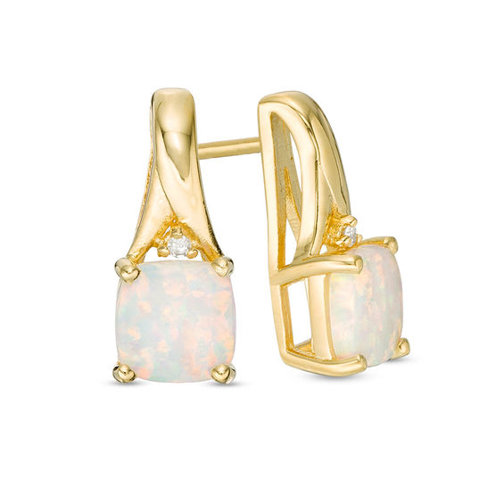 Cushion-Shaped Lab-Created Opal and Diamond Accent Ribbon Drop Earrings in Sterling Silver with 18K Gold Plate