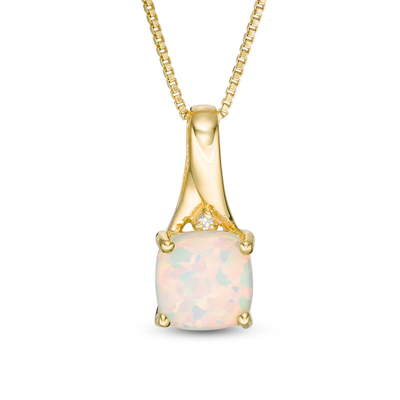 7.0mm Cushion-Cut Lab-Created Opal and Diamond Accent Ribbon Pendant in Sterling Silver with 18K Gold Plate