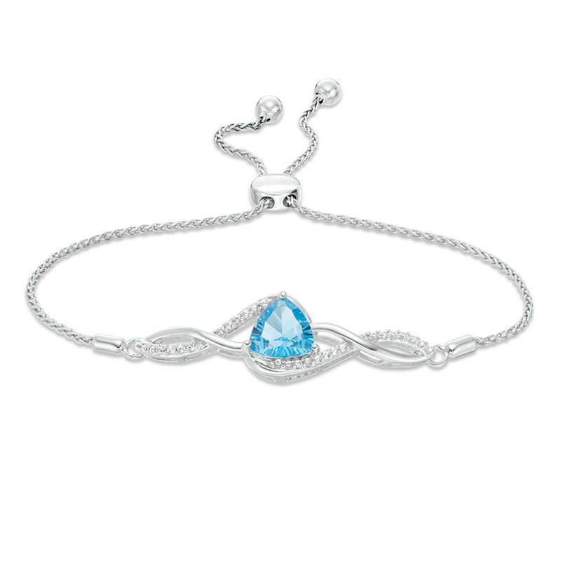 Main Image 1 of 8.0mm Trillion-Cut Swiss Blue Topaz and Lab-Created White Sapphire Braid Bolo Bracelet in Sterling Silver - 9.5"