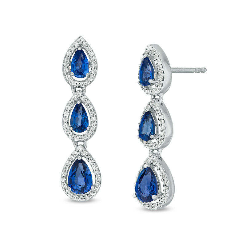 Main Image 1 of Pear-Shaped Lab-Created Blue and White Sapphire Frame Triple Drop Earrings in Sterling Silver
