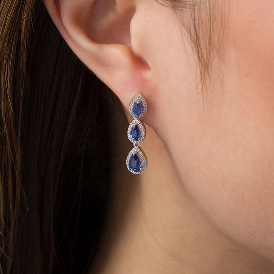 Pear-Shaped Lab-Created Blue and White Sapphire Frame Triple Drop Earrings in Sterling Silver