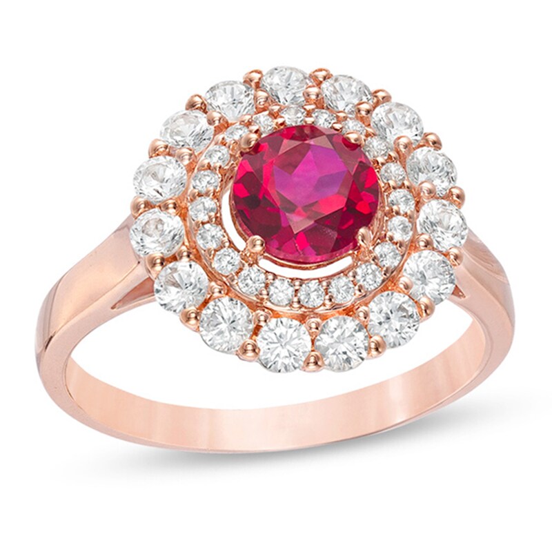 Main Image 1 of 6.0mm Lab-Created Ruby and White Sapphire Double Frame Ring in 10K Rose Gold