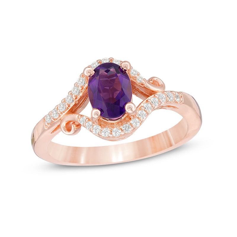 Main Image 1 of Oval Amethyst and Lab-Created White Sapphire Scroll Split Shank Ring in 10K Rose Gold