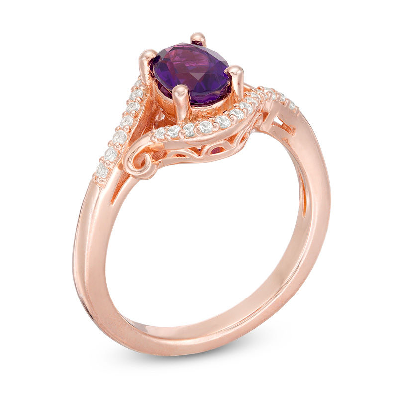 Main Image 2 of Oval Amethyst and Lab-Created White Sapphire Scroll Split Shank Ring in 10K Rose Gold