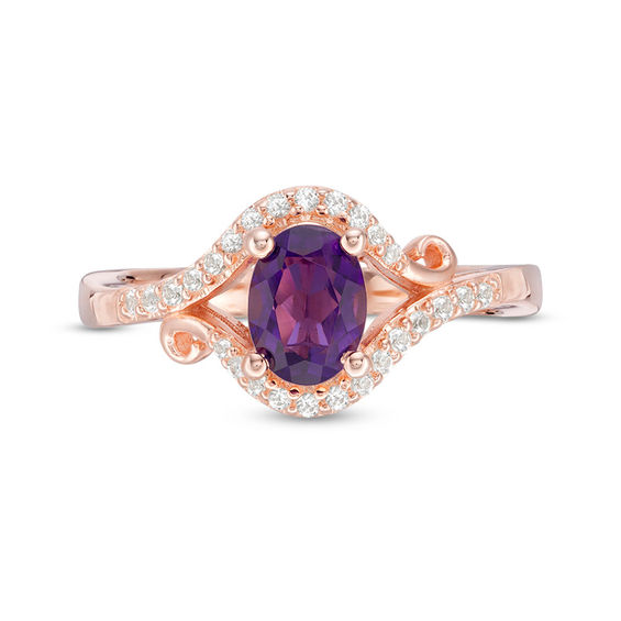 Oval Amethyst and Lab-Created White Sapphire Scroll Split Shank Ring in 10K Rose Gold