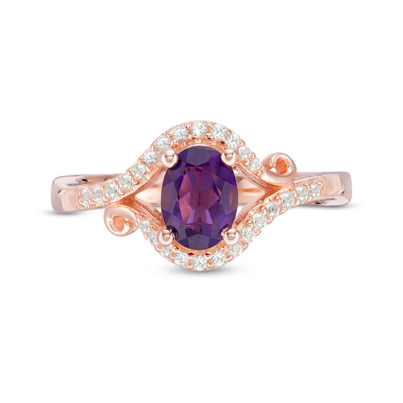 Main Image 3 of Oval Amethyst and Lab-Created White Sapphire Scroll Split Shank Ring in 10K Rose Gold