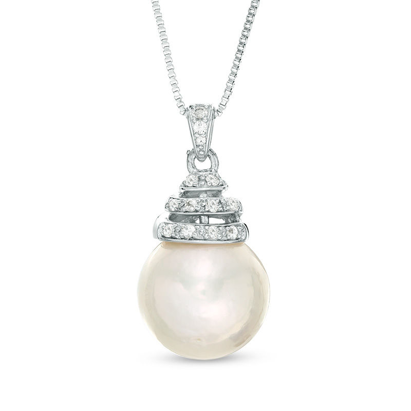 12.0 - 13.0mm Cultured Freshwater Pearl and Lab-Created White Sapphire Coil Drop Pendant in Sterling Silver