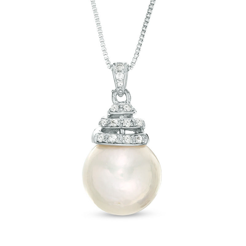 Main Image 1 of 12.0-13.0mm Freshwater Cultured Pearl and Lab-Created White Sapphire Coil Drop Pendant in Sterling Silver