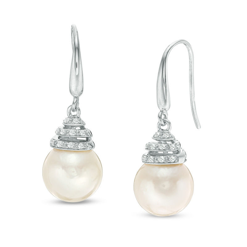 Main Image 1 of 12.0-13.0mm Freshwater Cultured Pearl and Lab-Created White Sapphire Coil Drop Earrings in Sterling Silver